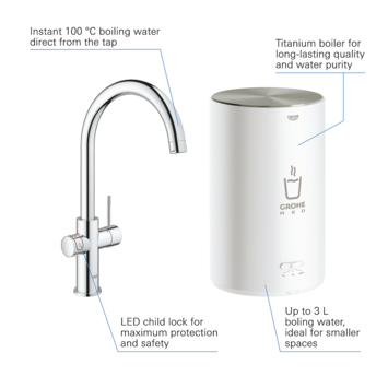 Grohe Red Compact keukenkraan met C-uitloop en 4 liter Kokend Water Boiler Supersteel
