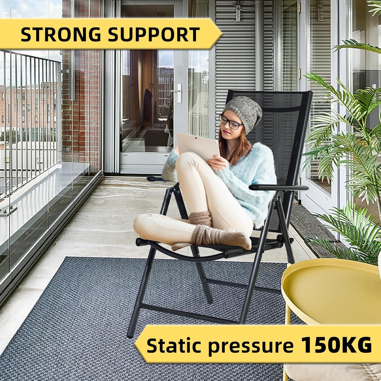 CCLIFE Gartenstühle Alu 2er Set,Gartenstuhl Hochlehner Klappbar, Balkonstühle 7-Fach Verstellbar bis 150kg Dunkelgrau, Modell: Breeze