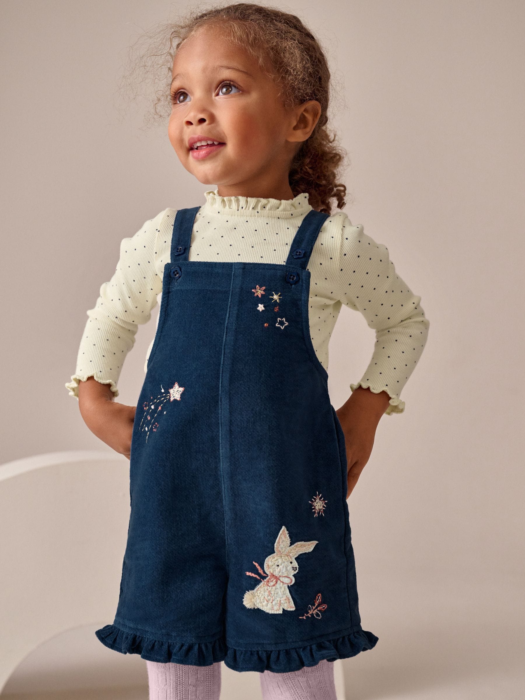 Marineblauw - Bunny Corduroy Dungarees Top and Tights Set (3mths-7yrs)