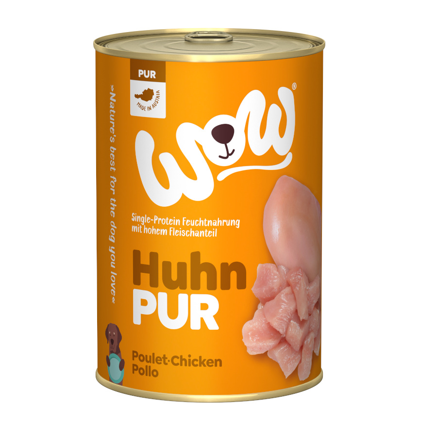 Pacote econômico com 12 latas de 400g de ração úmida Wow Food sabor frango puro para cães!