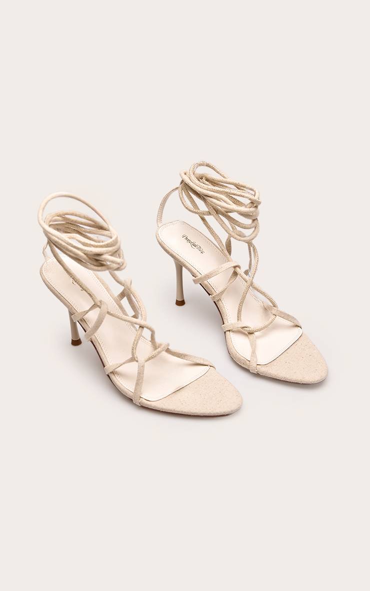 Crème Sandales À Talons En Faux Lin À Lacets