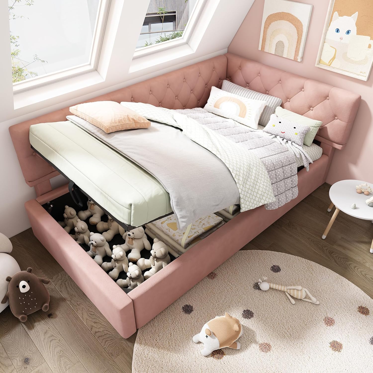 Merax Polsterbett Tagesbett Daybett 90x200cm, Schlafsofa mit hydraulischem Stauraum, Kinderbett Jugendbett Bettgestell mit Lattenrost aus Holz, Samt, Rosa, ohne Matratze