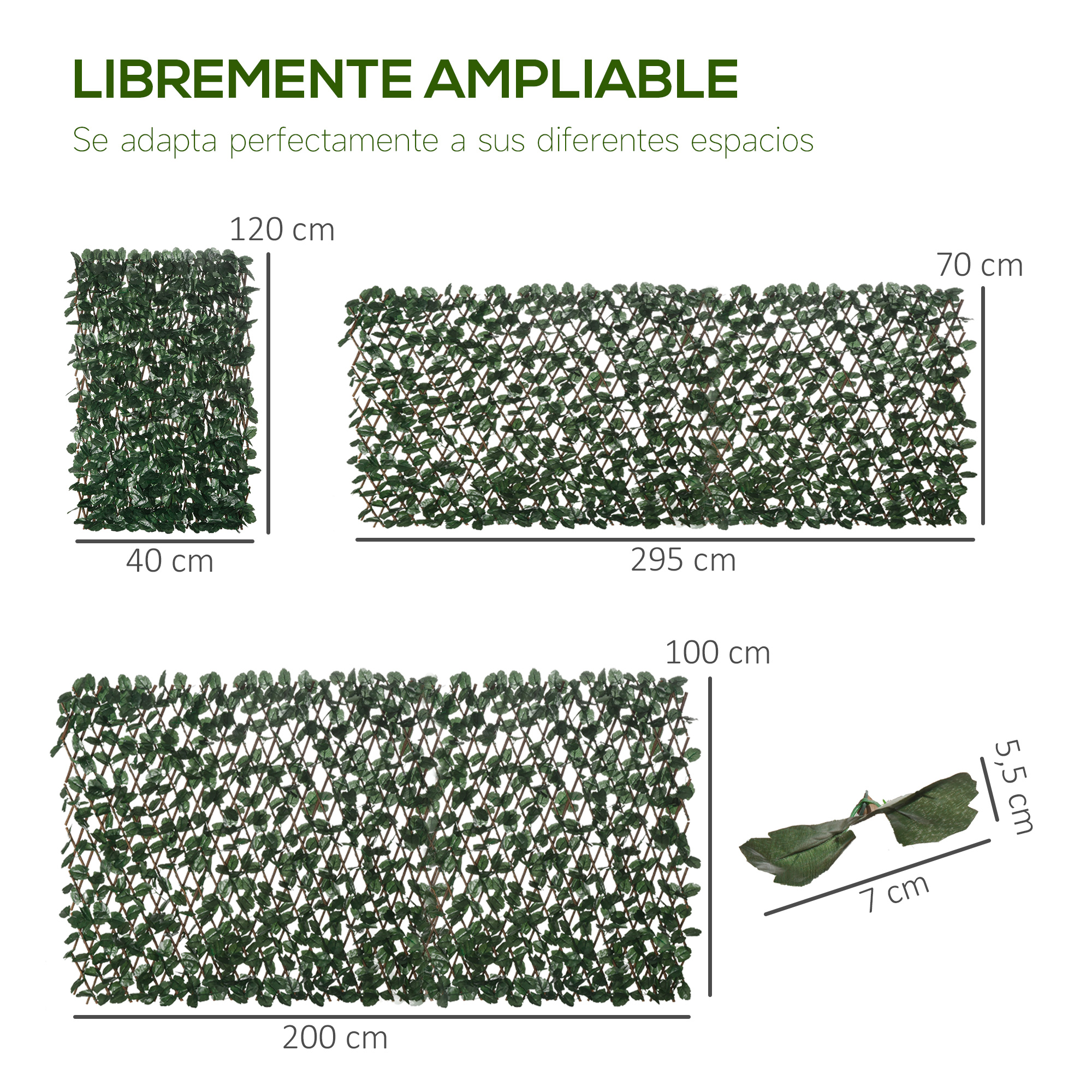 Treliça expansível Outsunny de 2 peças com folhas artificiais, 295x70 cm, treliça de vime extensível, tela de privacidade para jardim, verde