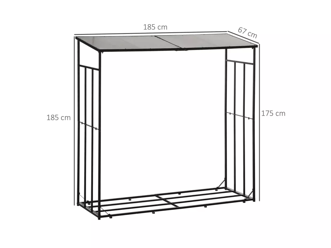 Abri-bûches pour bois de chauffage stockage extérieur du bois en métal et polycarbonate 185 x 67 x 185 cm noir