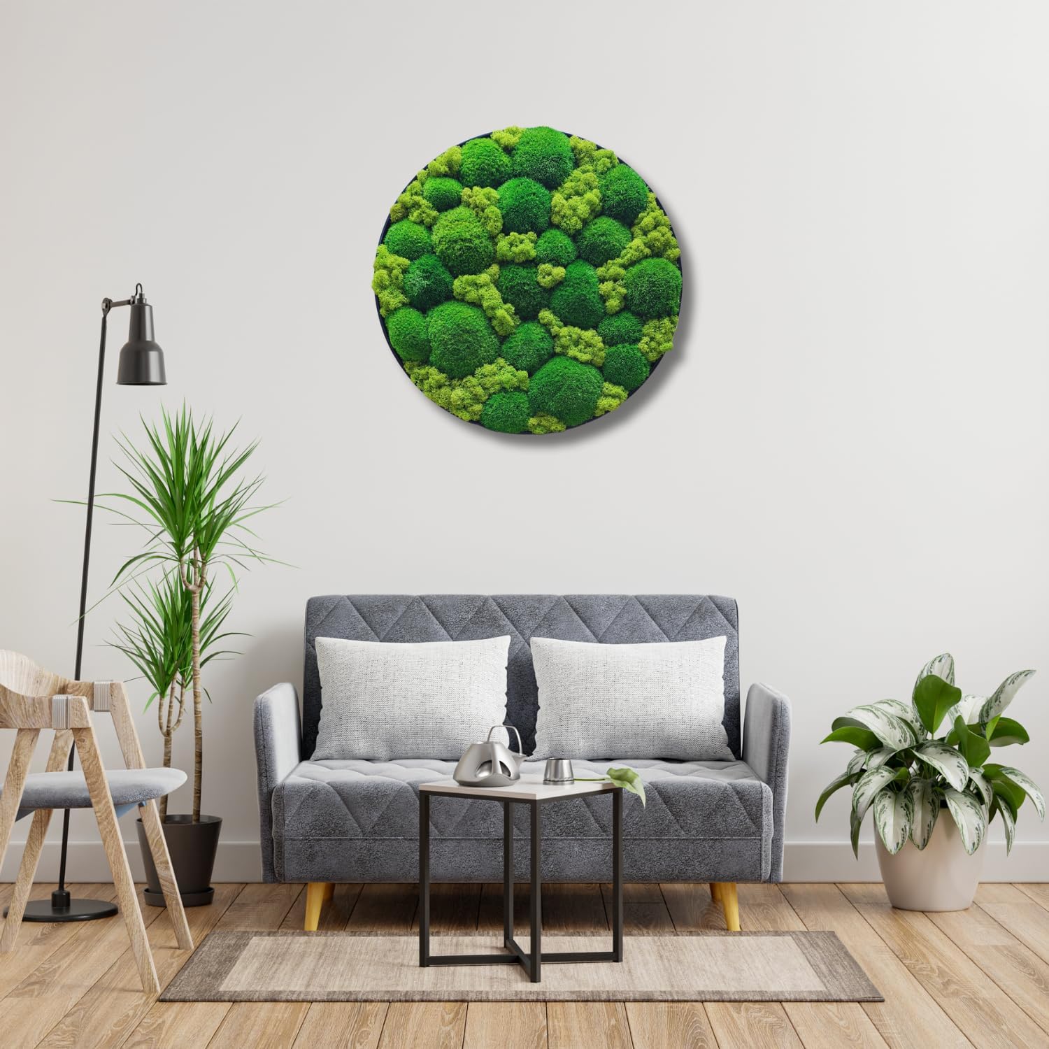 HelloMoss Moosbild mit Rahmen Rund – Wanddeko aus stabilisiertem Moos | Metallrahmen schwarz/weiß | 40/50/60 cm | Naturbild ohne Pflege | Dekoration für Büro & Zuhause (Weiß, 40 cm, Metall)