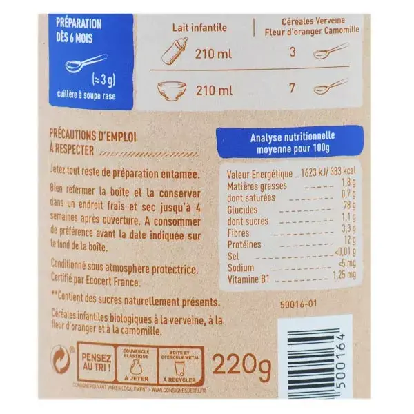 Babybio 5 Céréales Verveine Fleur d'Oranger Camomille +6m Bio 220g