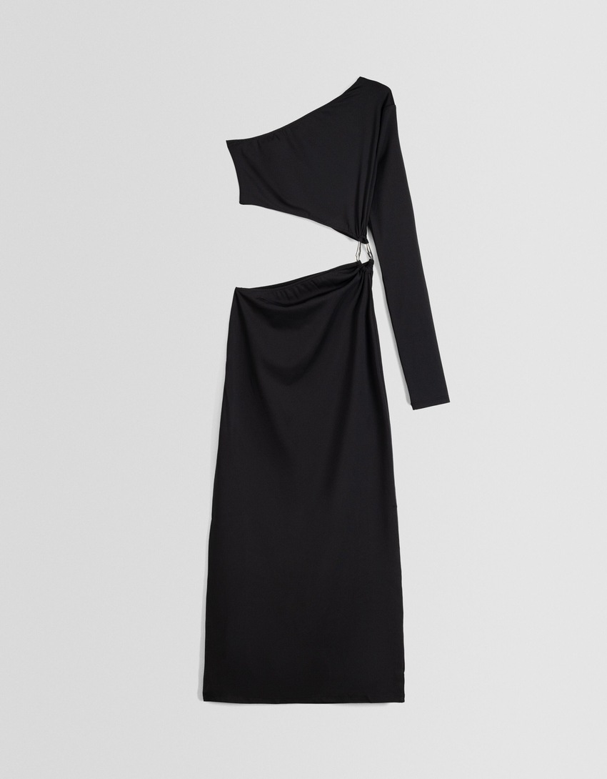 Vestido midi assimétrico de manga comprida com detalhe lateral