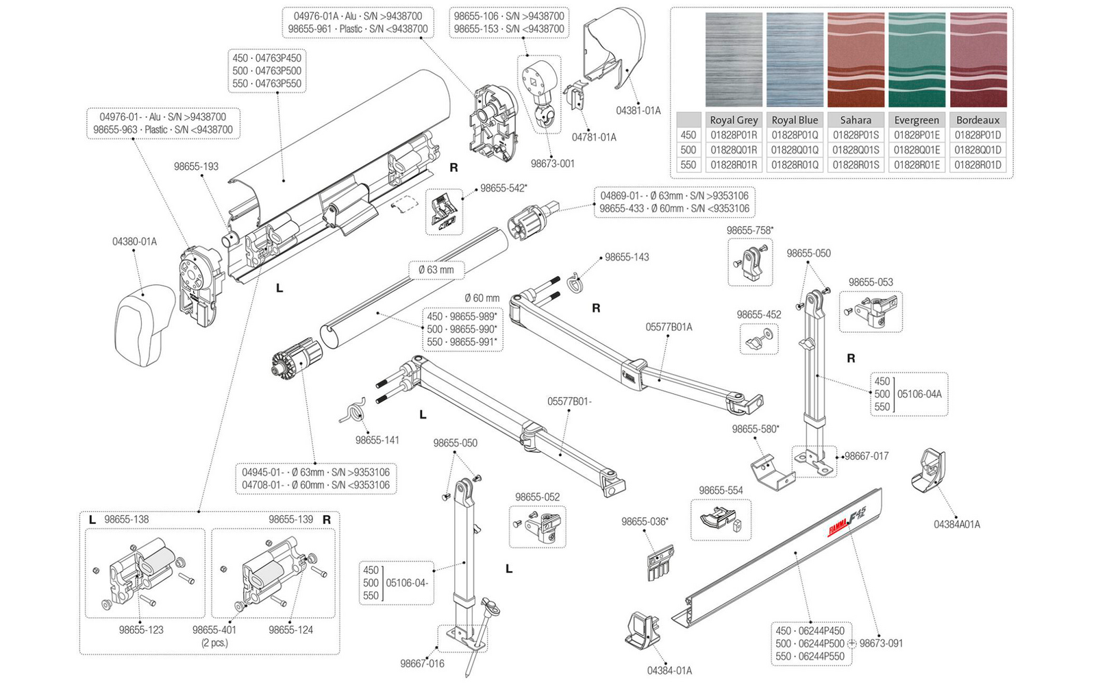 Fiamma Arm rechts für Markise F45iL 450-550 Fiamma Ersatzteilnummer 05577B01A