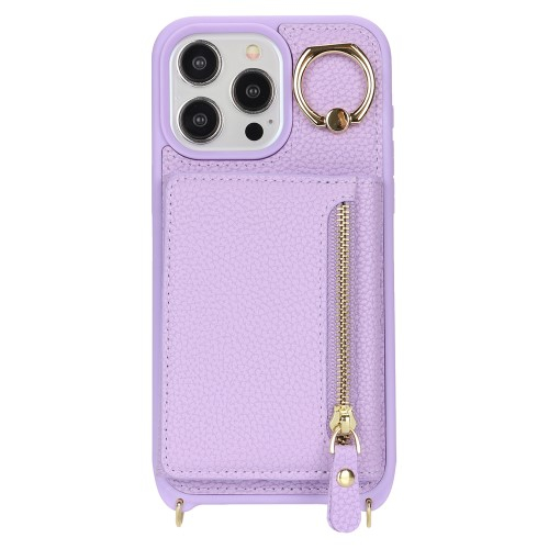 iPhone 14 Pro Necklace Leder Hülle mit Münzfach und Kartenfächer   Finger Griff Halterung   Handykette - Lila