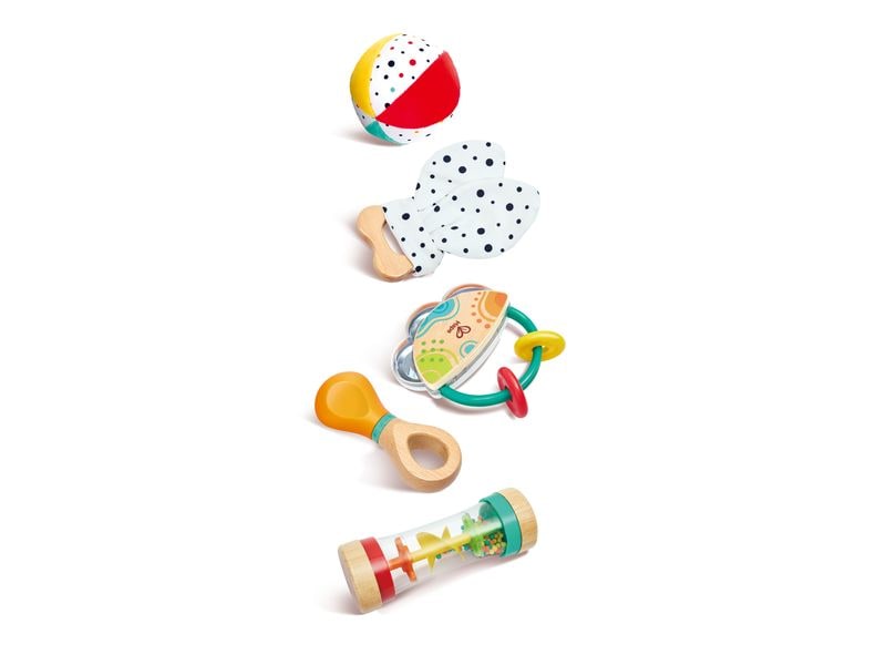 Hape Musikspielzeug 5-in-1-Baby-Sensorik-Set 5-tlg Spielzeugset fördert die sensorische Entwicklung