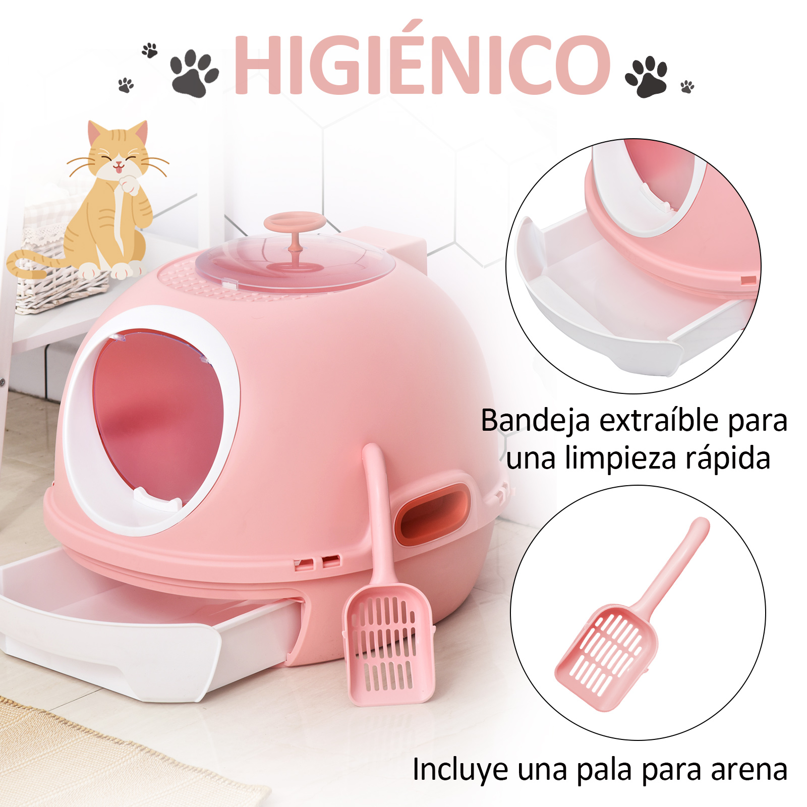 Caixa de areia dobrável PawHut para gatos com bandeja removível e pá - Rosa