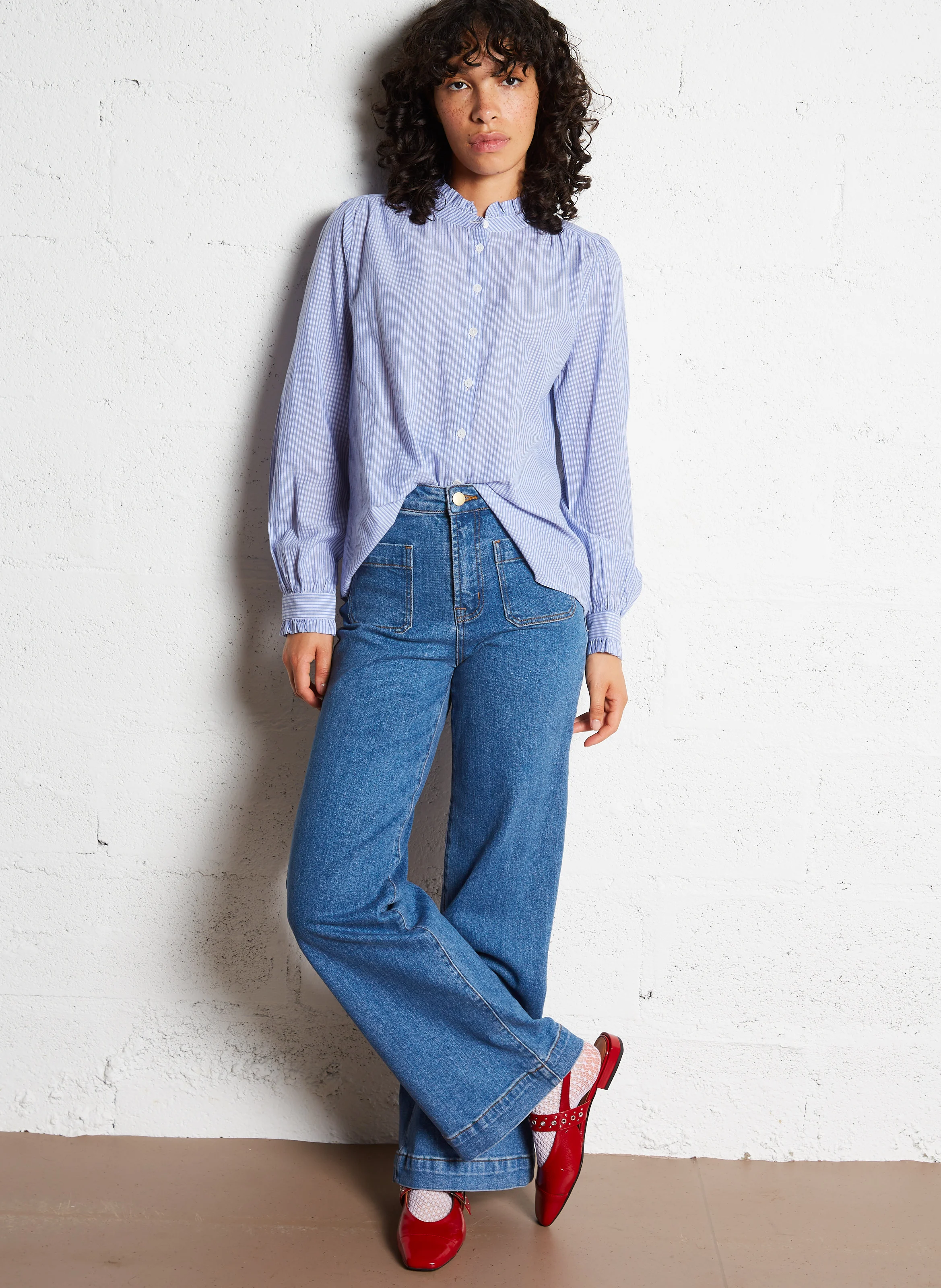 ATLANTY - Jean flare taille haute en coton mélangé | Bleu
