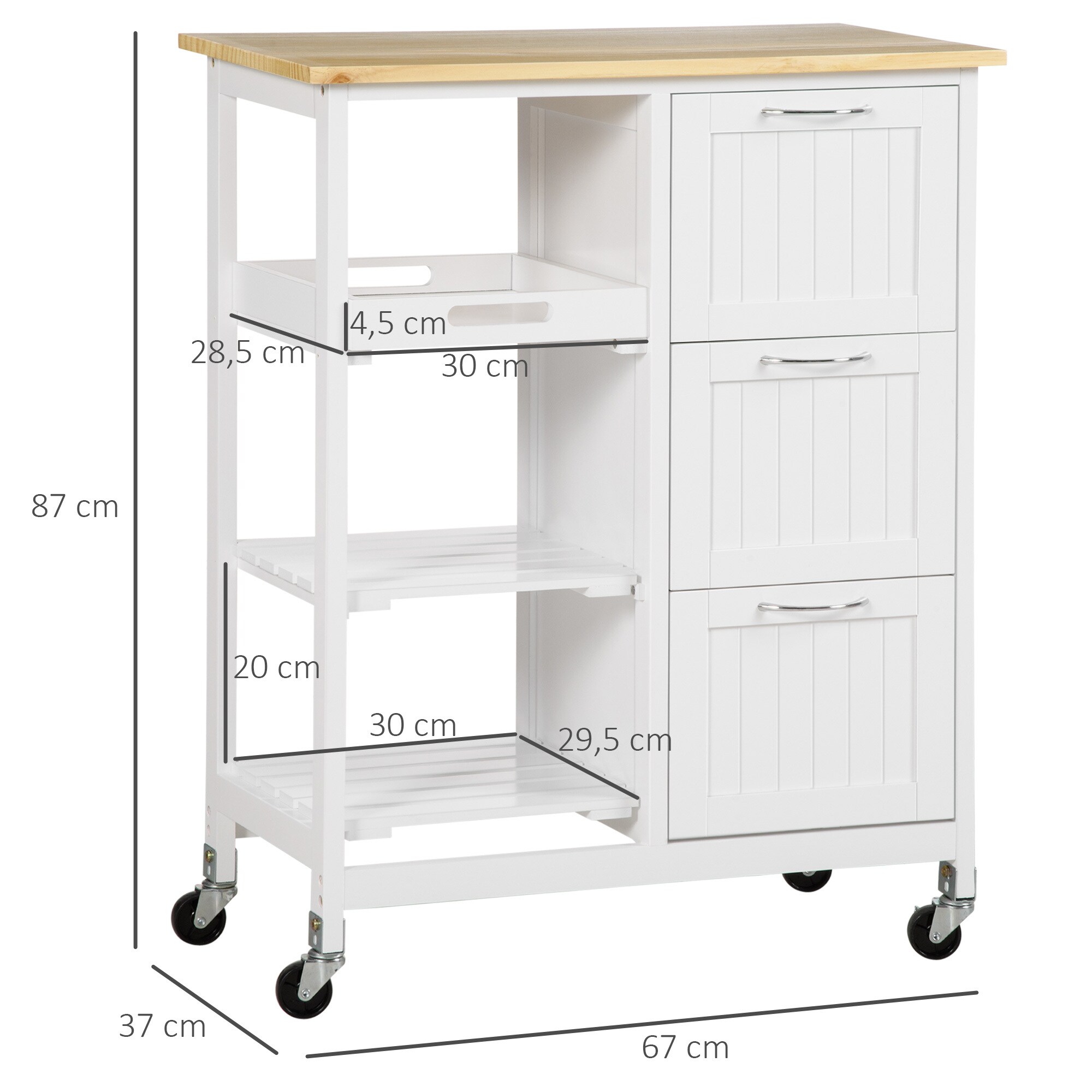 HOMCOM Küchenwagen mit drei großen Schubladen und 3 Ablagefächern natur, weiß 67L x 37B x 84H cm