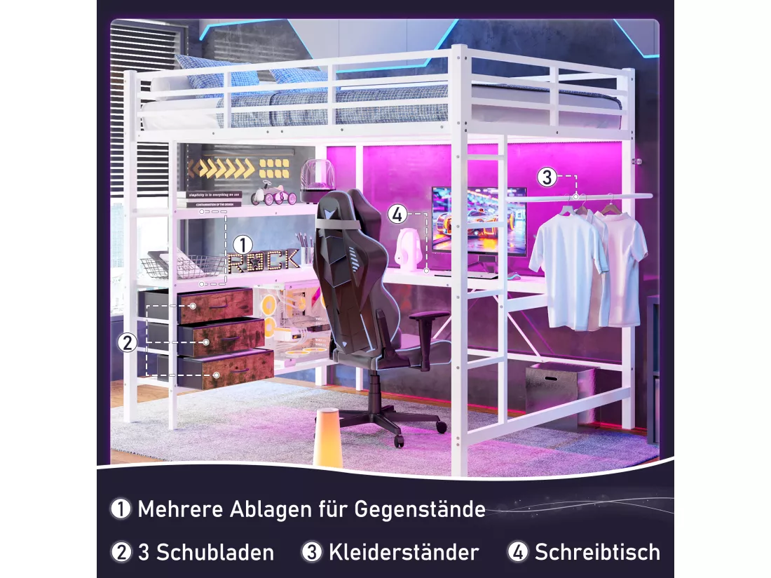 Lit mezzanine 140 x 200 cm avec bureau d'angle, 3 tiroirs et étagères - Prise USB et Lumière d'ambiance - Métal - Blanc (sans matelas)