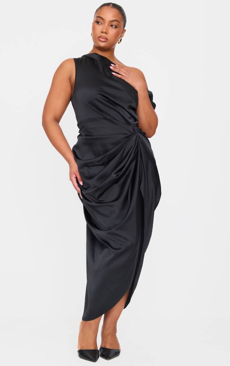 Noir Robe Midi Grande Taille En Satin Avec Épaules Dénudées Et Jupe Drapée