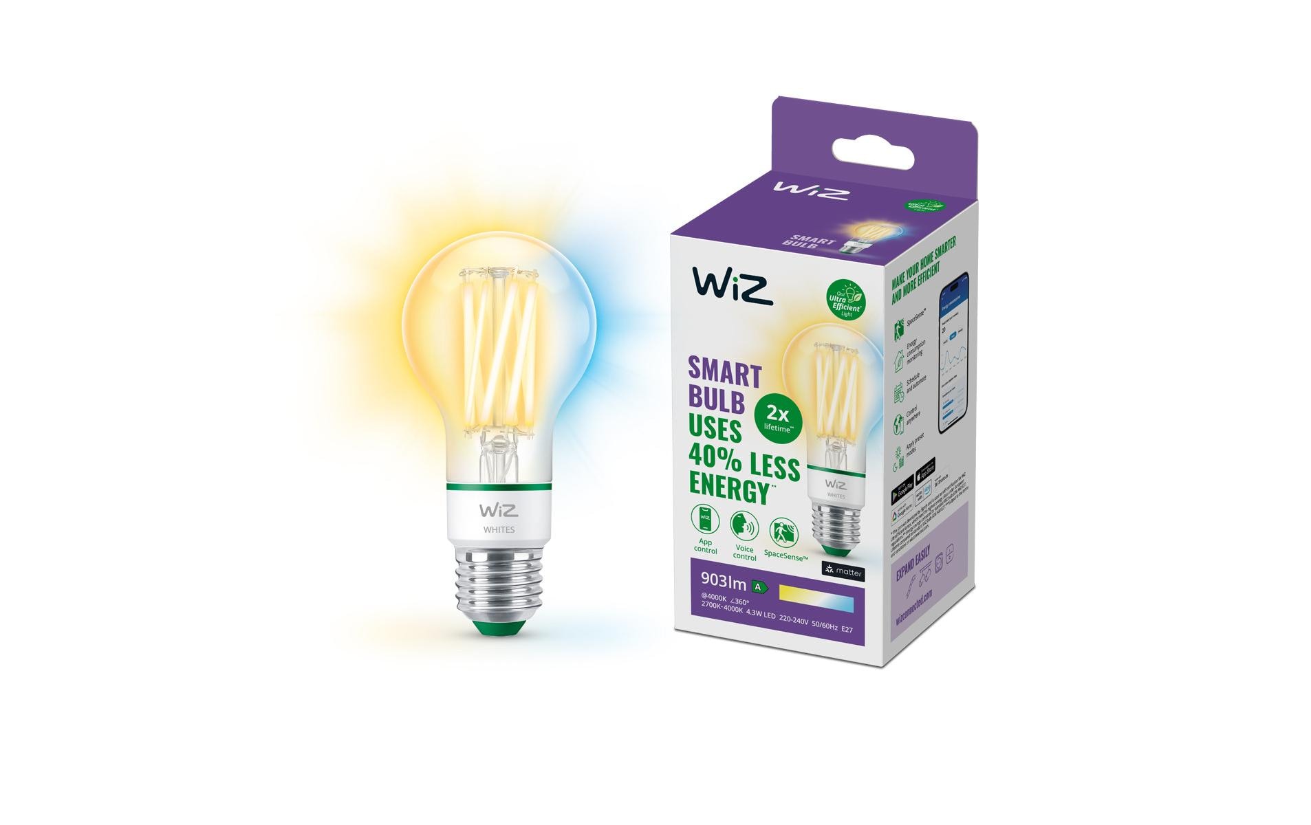 E27 Tunable White Ultra-Efficient Clear WiFiSmartes Leuchtmittel, steuerbar über Bluetooth, Matter, WLAN