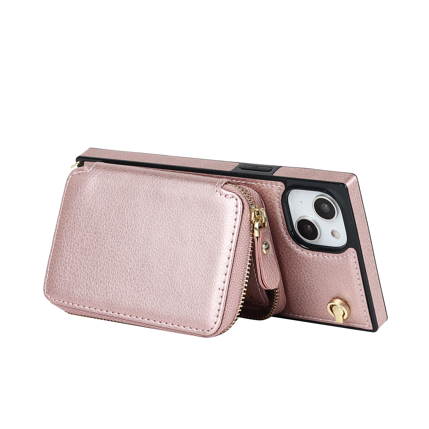 iPhone 14 Necklace Leder Schutz Hülle mit Kartenfächer   Handykette (140cm) - Rosa