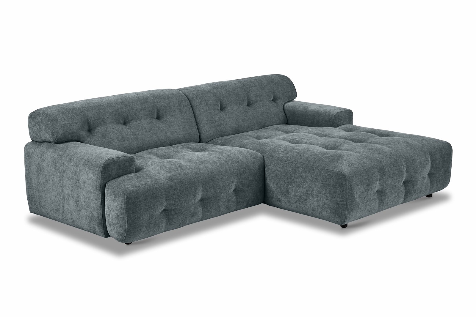Bob sofa 1,5-seter med sjeselong høyre. Tekstil City 72 Blue Grey med sorte ben.