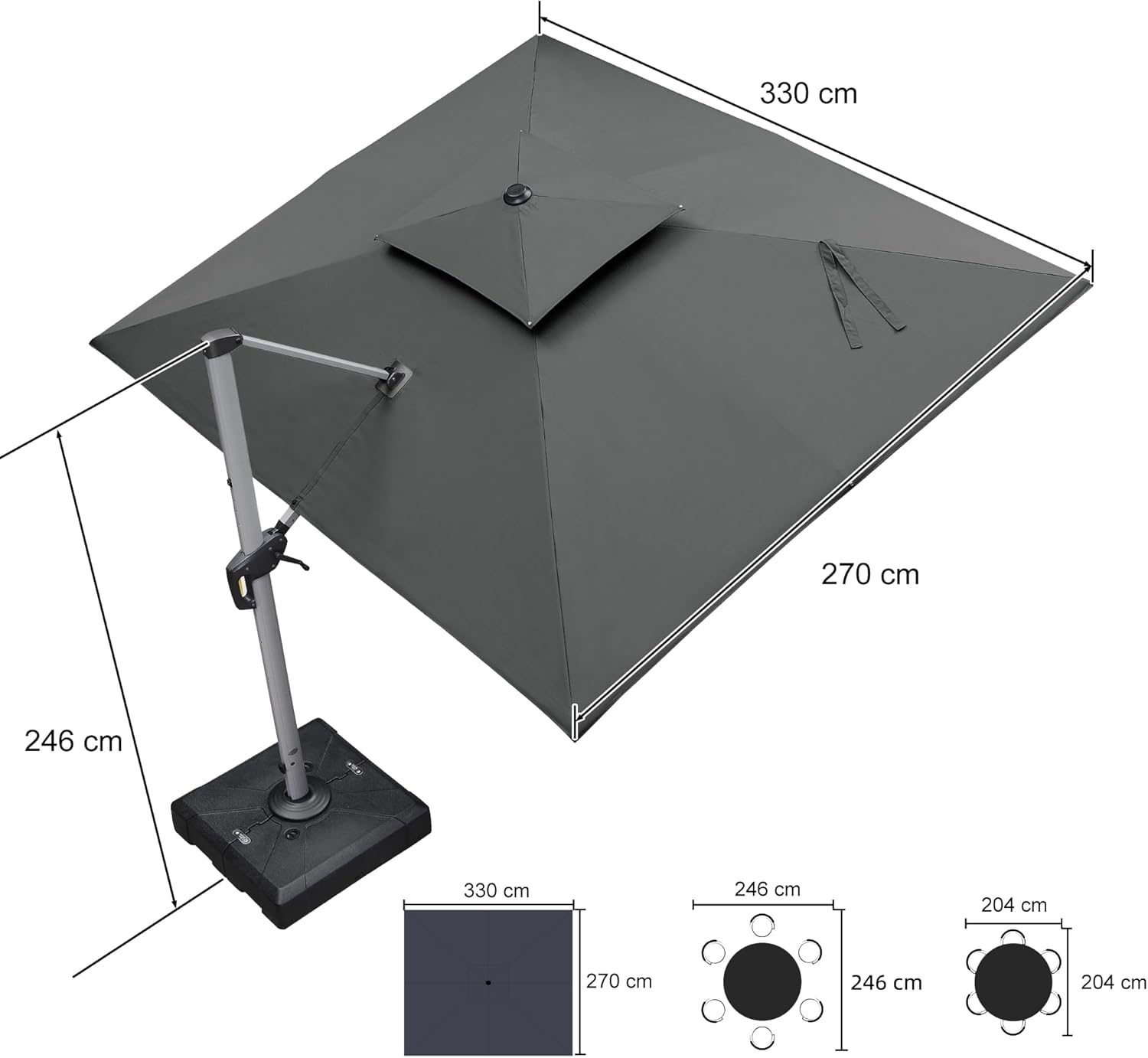 PURPLE LEAF Sonnenschirm Rechteckig 270 x 330 cm mit Ständer Ampelschirm Groß 360°Rotation, Gartenschirm mit Kurbel Marktschirm XXL Sonnenschutz UV50+, Grau