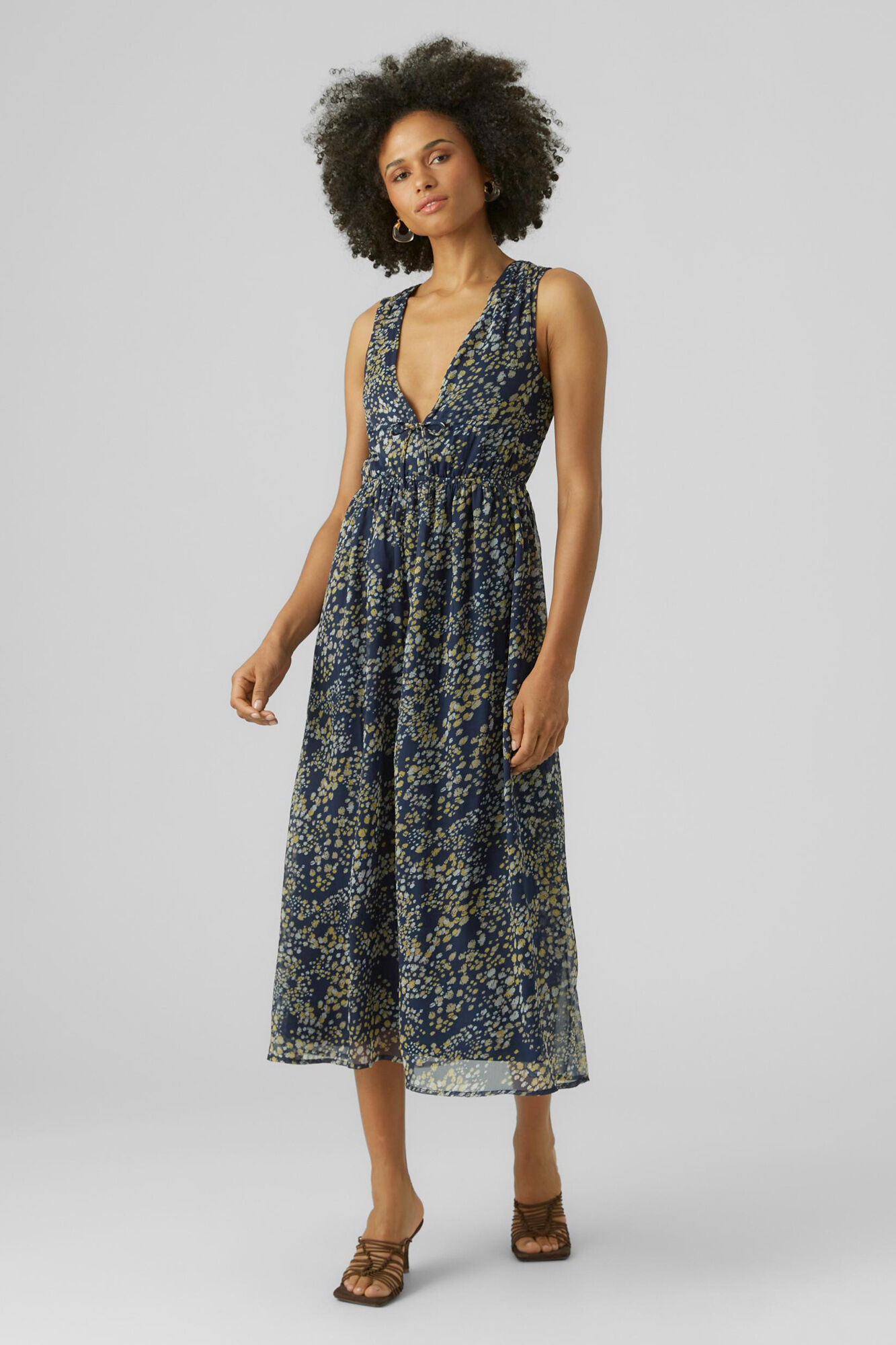 Vestido midi com decote em V - Azul marinho