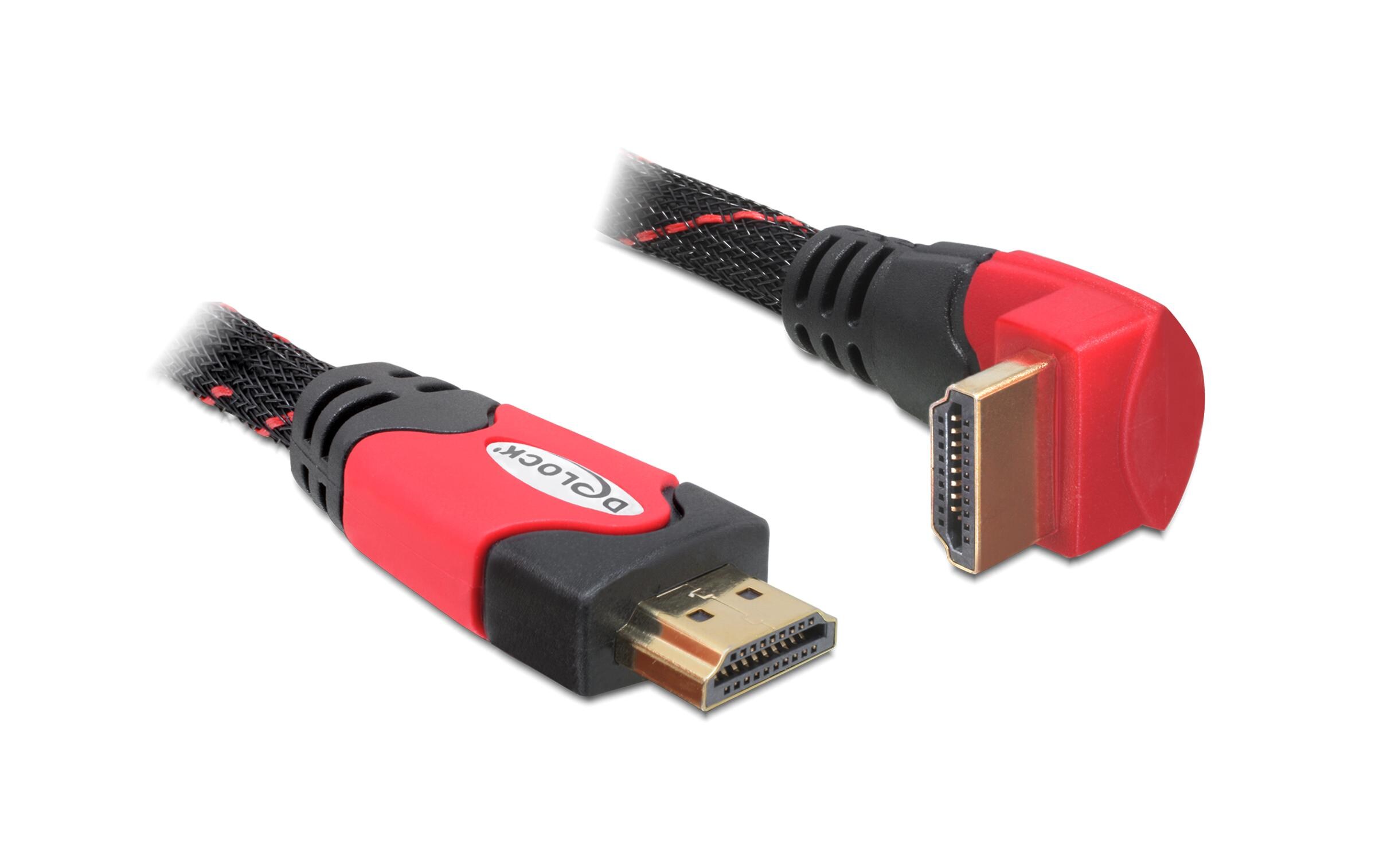 Kabel gewinkelt unten HDMI - HDMI, 3 m, RotDelock Kabel High Speed HDMI mit Ethernet – HDMI A Stecker > HDMI A Stecker gewinkelt 4K 3 m