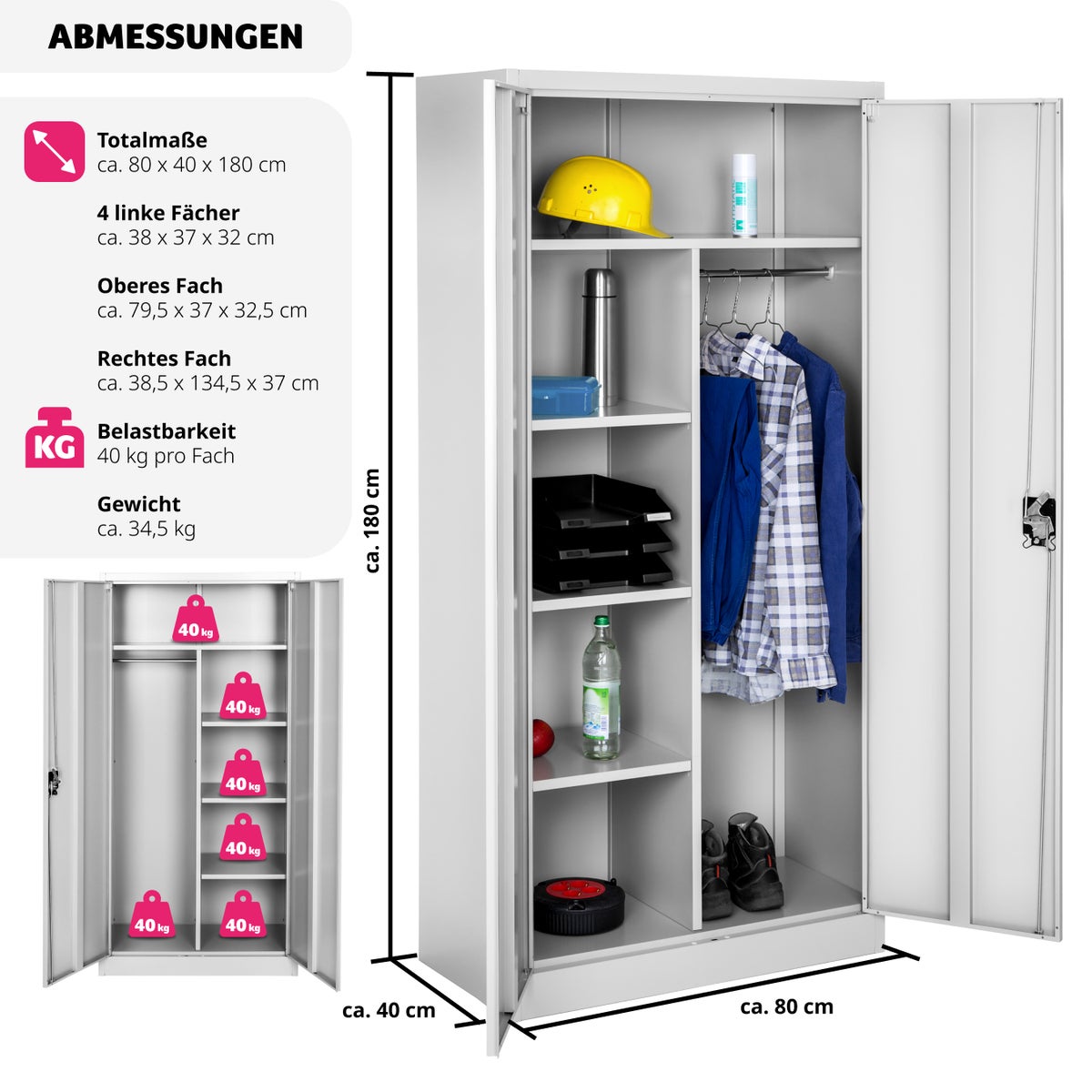tectake locker van gepoedercoat staal, 180 x 80 x 40 cm