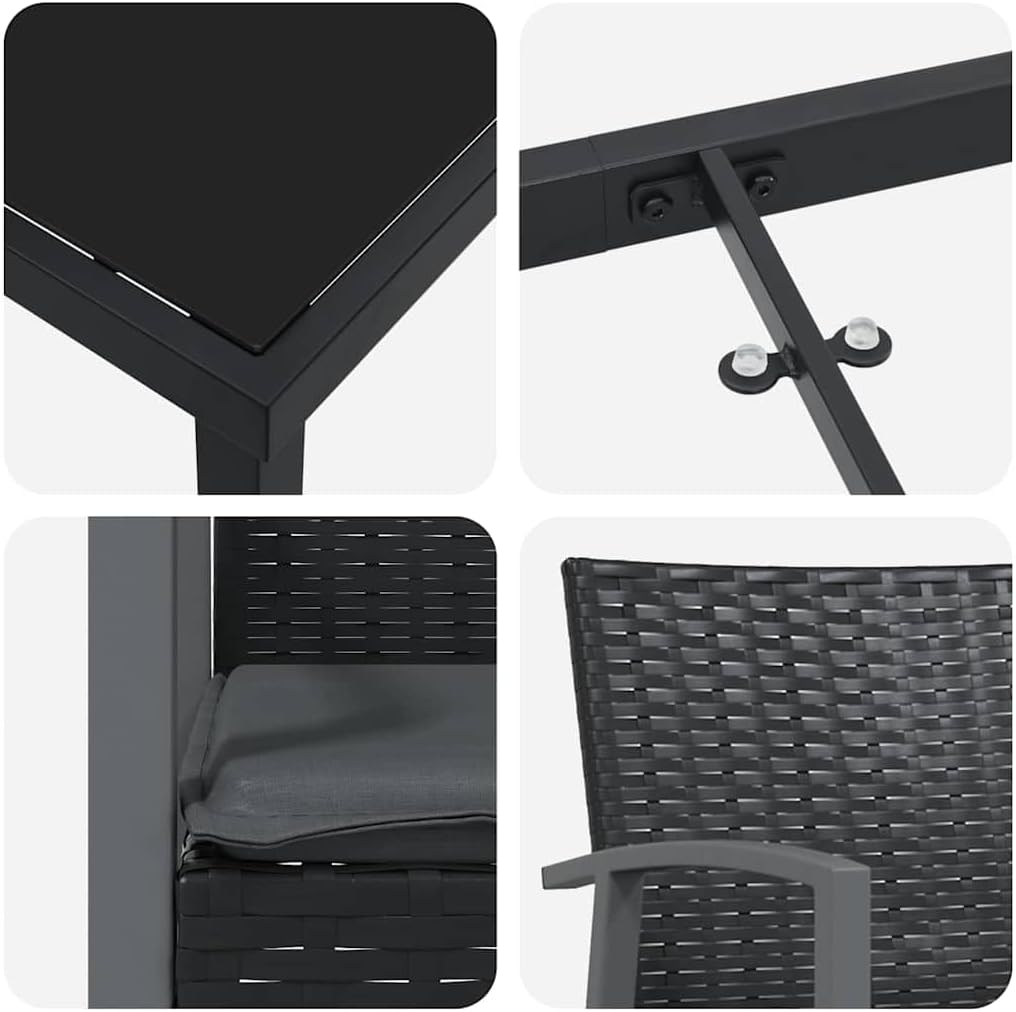 Gartenmöbel 5-teilig Schwarz Grau 140 x 70 x 73 cm PE Rattan wetterfest Pulverbeschichtet Armlehnen Gartenlounge Balkonmöbel für Terrasse Balkon Campingplatz