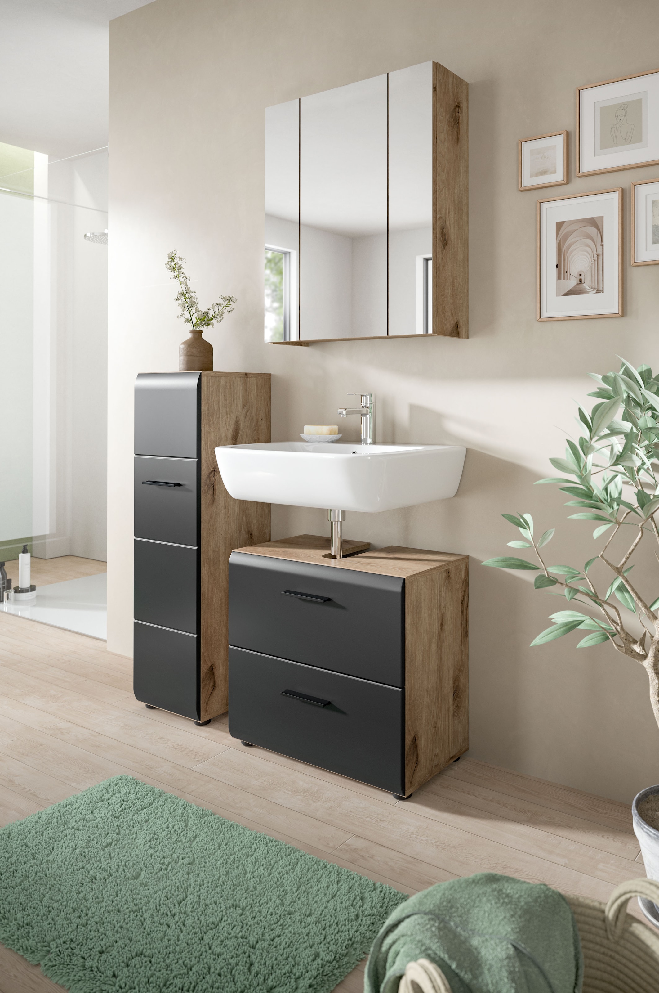 INOSIGN Stauraumschrank 1 Stk. tlg. Florenz, Badschrank Nox Oak NB, 106 cm hoch, 4 Fächer