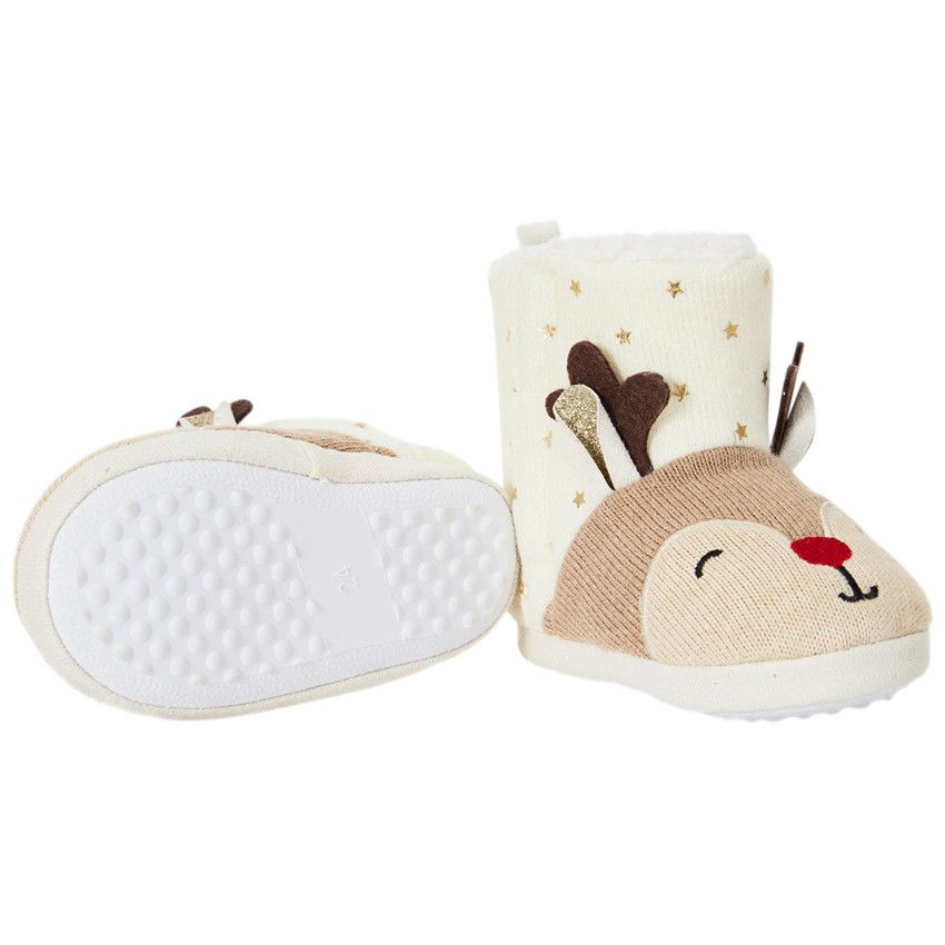 Chaussons bottes fourrés rennes de Noël pour fille - Beige