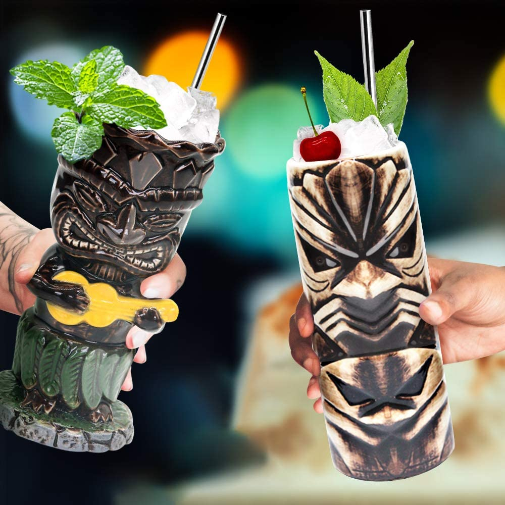 (450ml) 2in1 Keramik Sommer Party Becher Tiki Getränke Cup Deko Vase in Holz Optik - Tribal Sheikhs