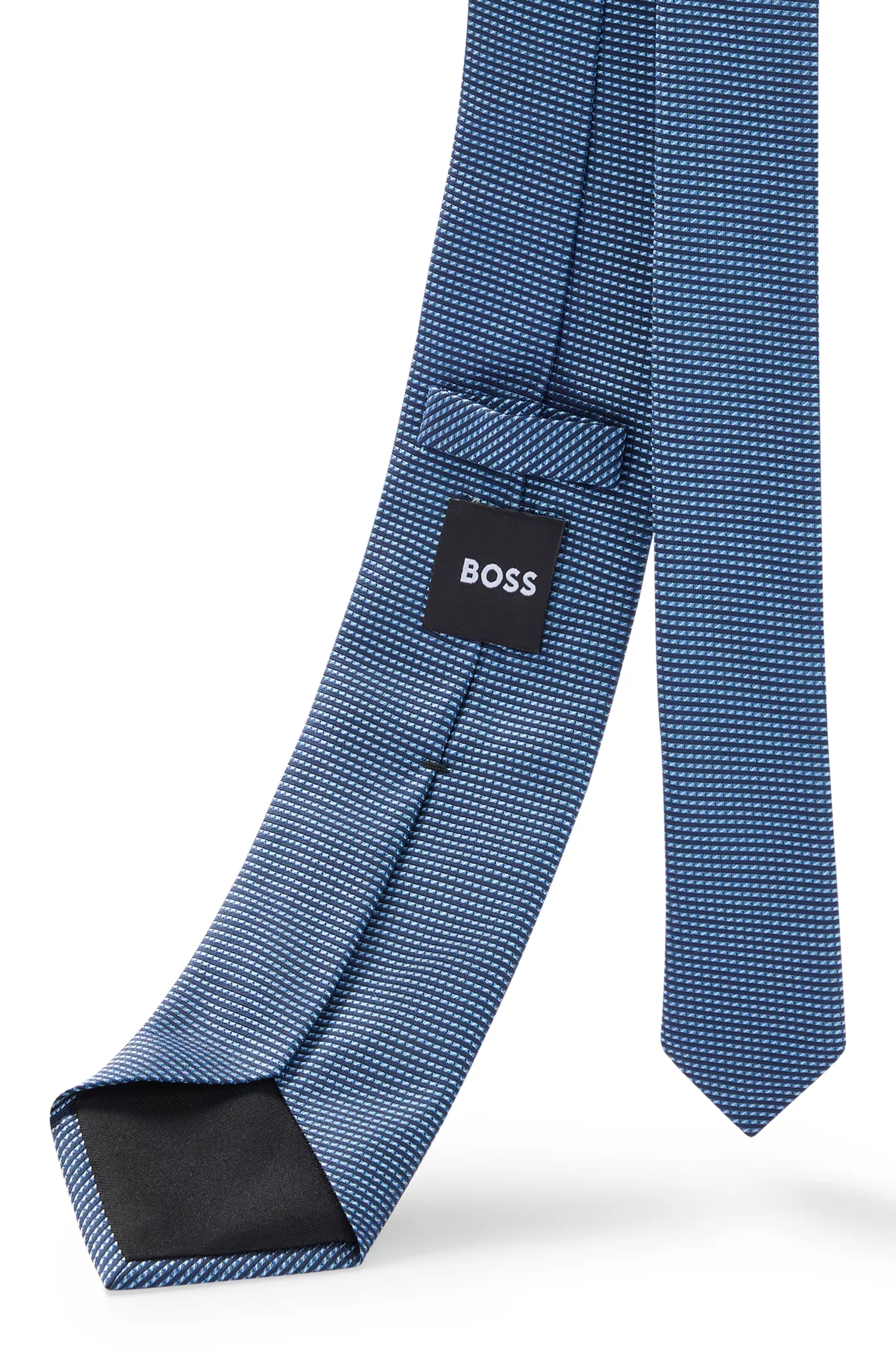 Gravata BOSS preta em jacquard de seda com microestampa por toda a peça.
