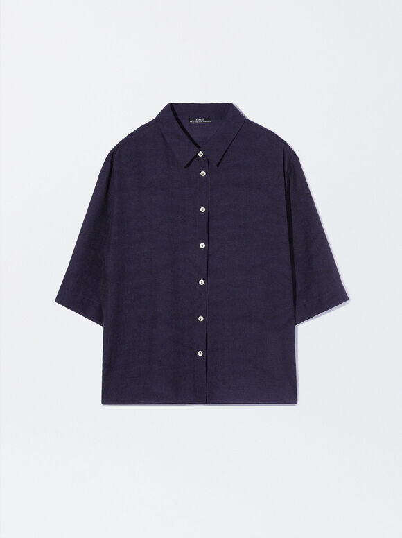 Camisa jacquard de manga curta - Azul marinho