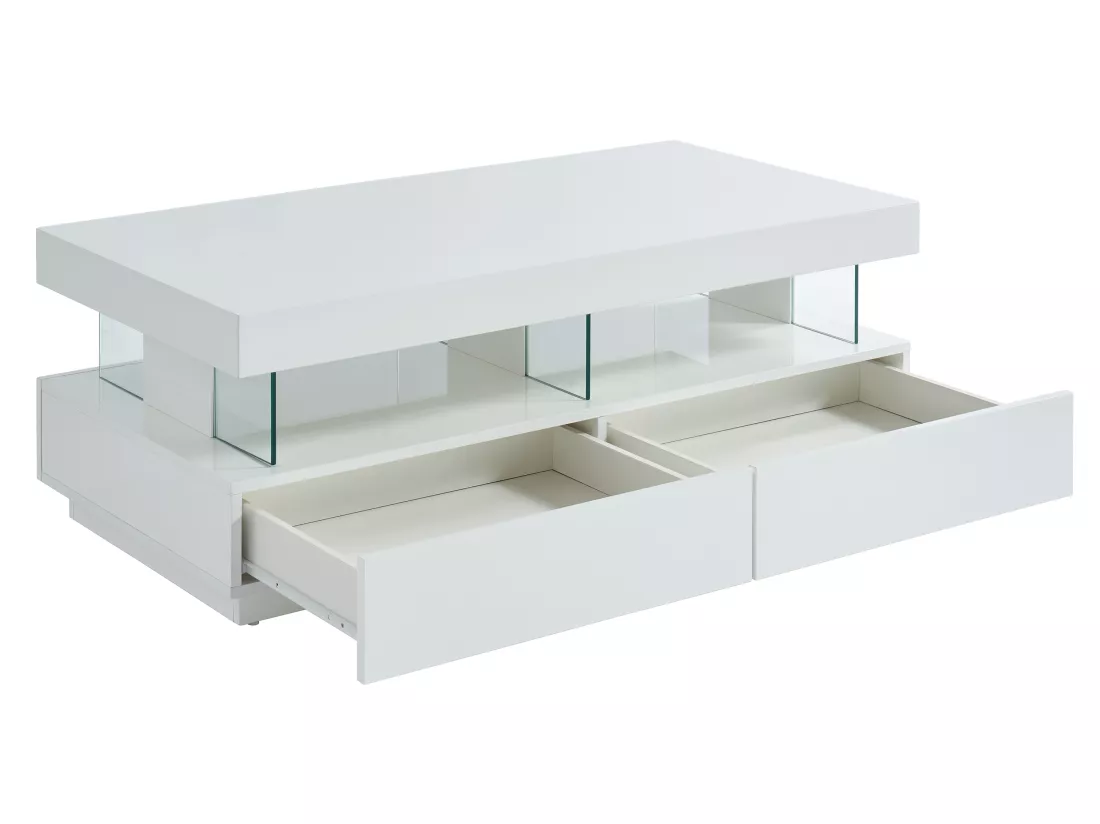 Table basse 2 tiroirs et 2 niches avec LEDs - MDF et verre trempé - Blanc laqué - FABIO II