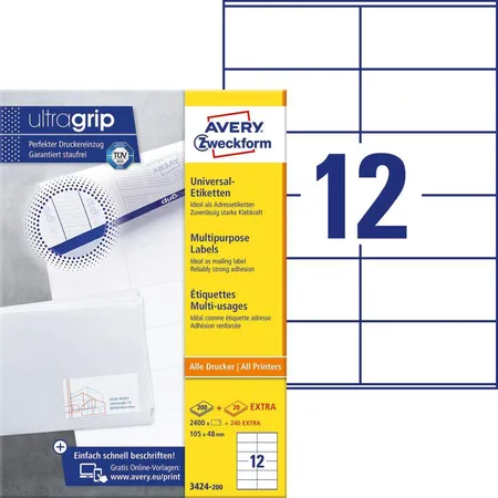 Avery Zweckform 3424-200 Universal-Etiketten,A4 mit ultragrip,Adressaufkleber 105 x 48 mm, 220 Bogen/2.640 Etiketten, weiß