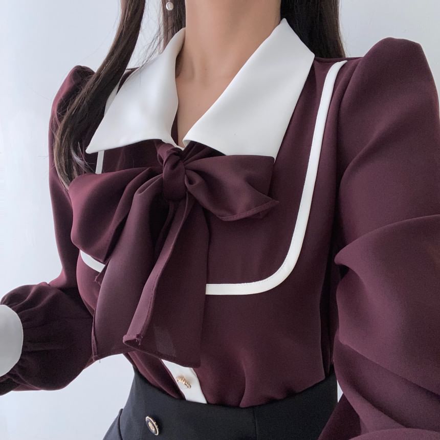 MELLO - Blouse met lange mouwen, kraag en linthals in twee kleuren