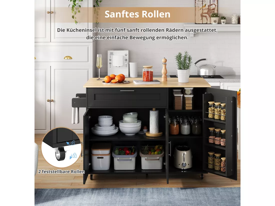 Ilot central de cuisine mobile avec 3 portes et 1 tiroir - Plateau extensible - 132.5x44(70)x90 cm - Bois MDF - Noir et naturel