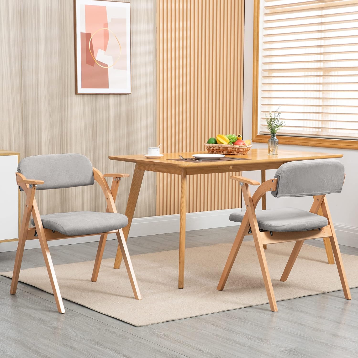 Holz-Faltstühle mit gepolsterten Kissen, Faltbare Esszimmerstühle mit abriebfestem Kunstleder, tragbar und vormontiert für Gäste, Küche, Büro, Hochzeit und Party, Grau
