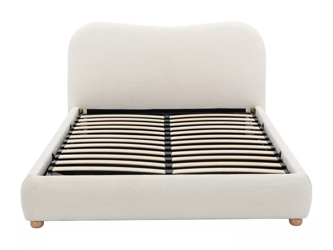 Lit coffre 180 x 200 cm - Tissu bouclette - Blanc + Matelas - VANARI