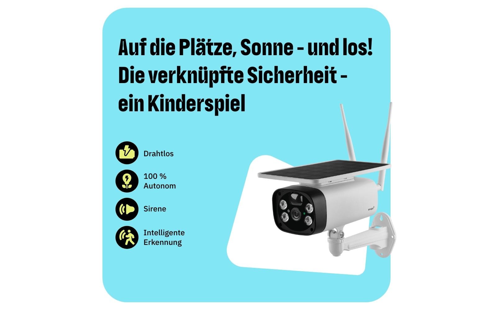 Netzwerkkamera OMA-OSC-01-EU Solar/Akku/HD/Alarmsystem<br>Intelligente Überwachungskamera mit Bewegungserkennung, wetterfest und sicher – rund um die Uhr Schutz für Ihr Zuhause