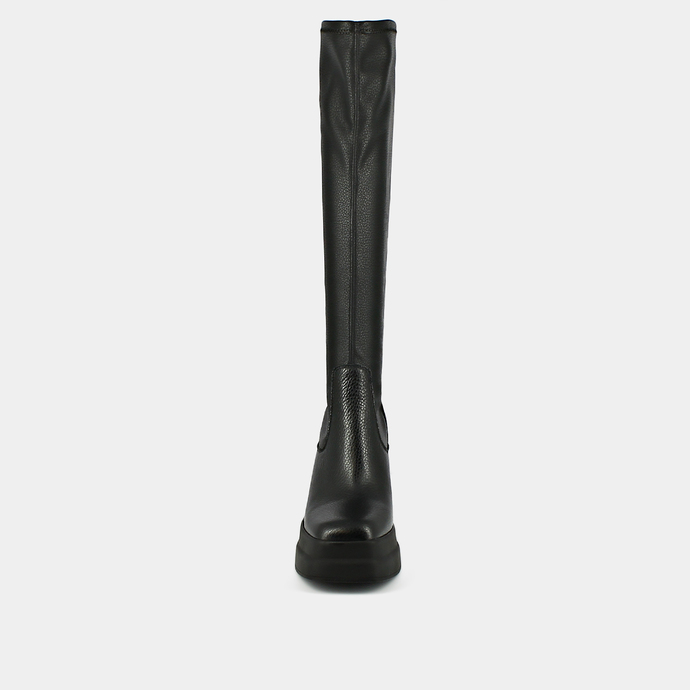 Bottes hautes à plateformes  en cuir grainé noir