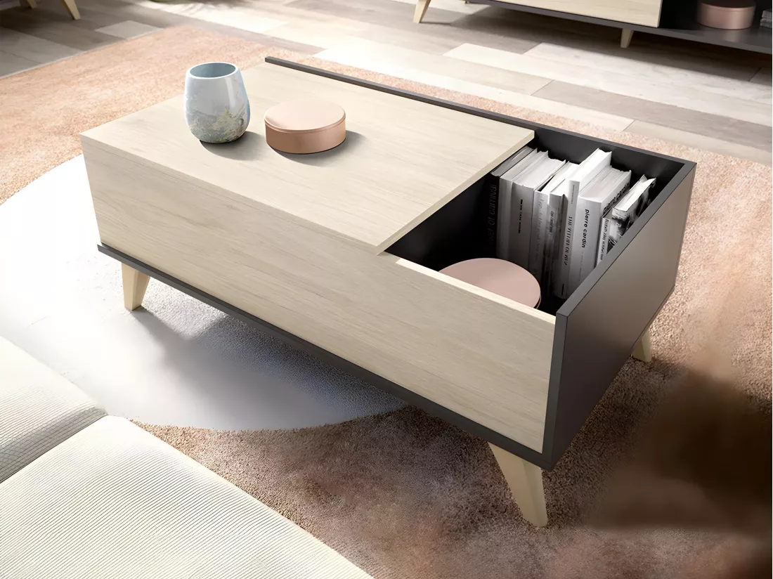 Table basse relevable KOLYMA - 1 niche - Coloris : Chêne & Anthracite