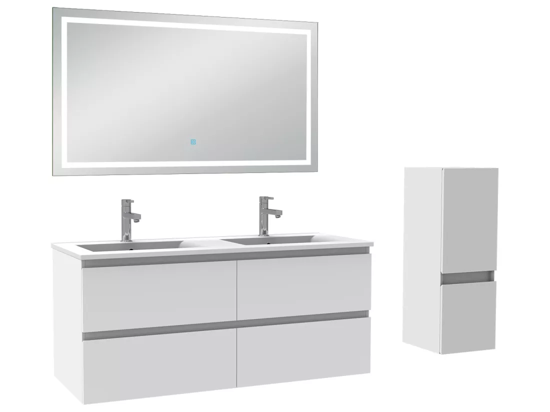 Ensemble meubles Salle de Bain 120cm 4pcs vasque et colonne et miroir LED Blanc - Aica