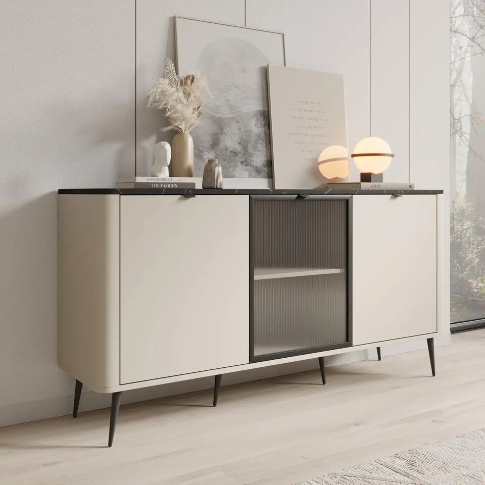 Meubella - Dressoir Mace - Beige - 160 cm - Met glas