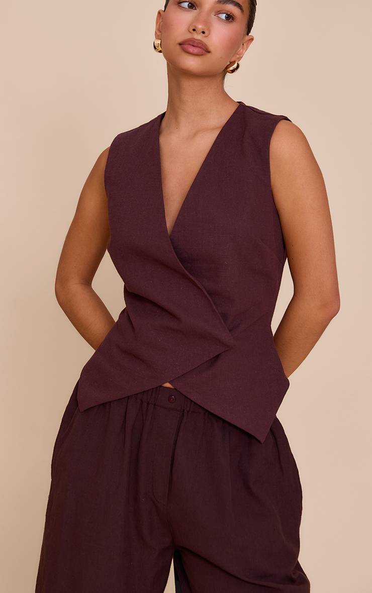 Chocolat Gilet Asymétrique À Boutons En Mélange De Lin Premium