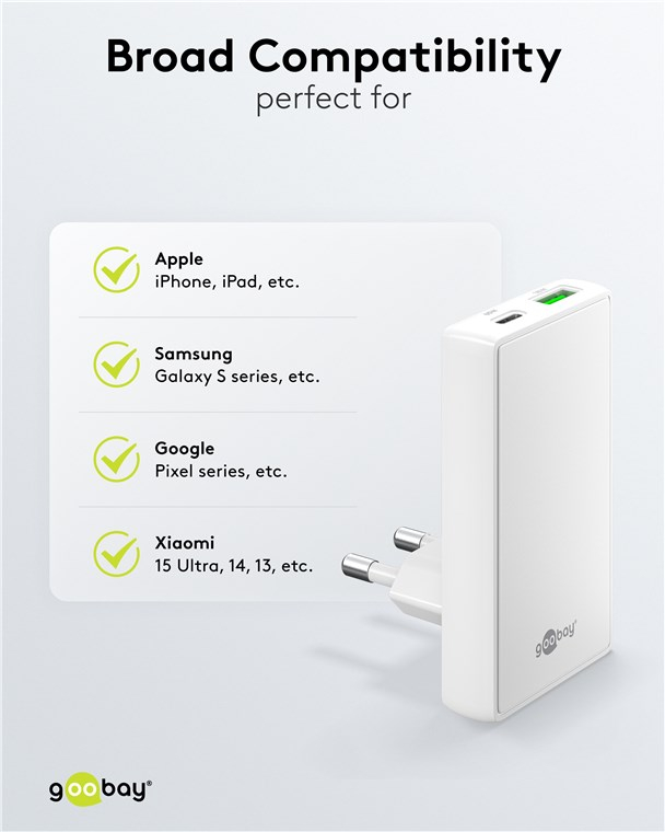 (65W) Dual 90° Flat USB C / USB A GaN Ladegerät Netzteil Power Delivery Quick Charge (75724) - Weiss