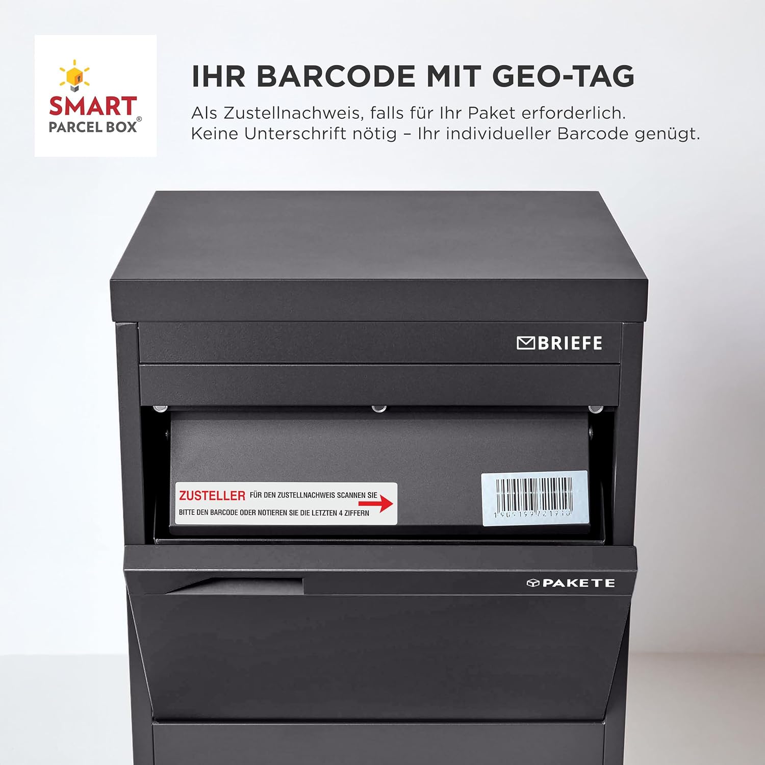 SMART PARCEL BOX XXL Paketbox für draußen, Paketbriefkasten zum Einbauen, zur Wandmontage oder freistehend, Entnahme hinten & vorne, rostfreier Stahl, schwarz