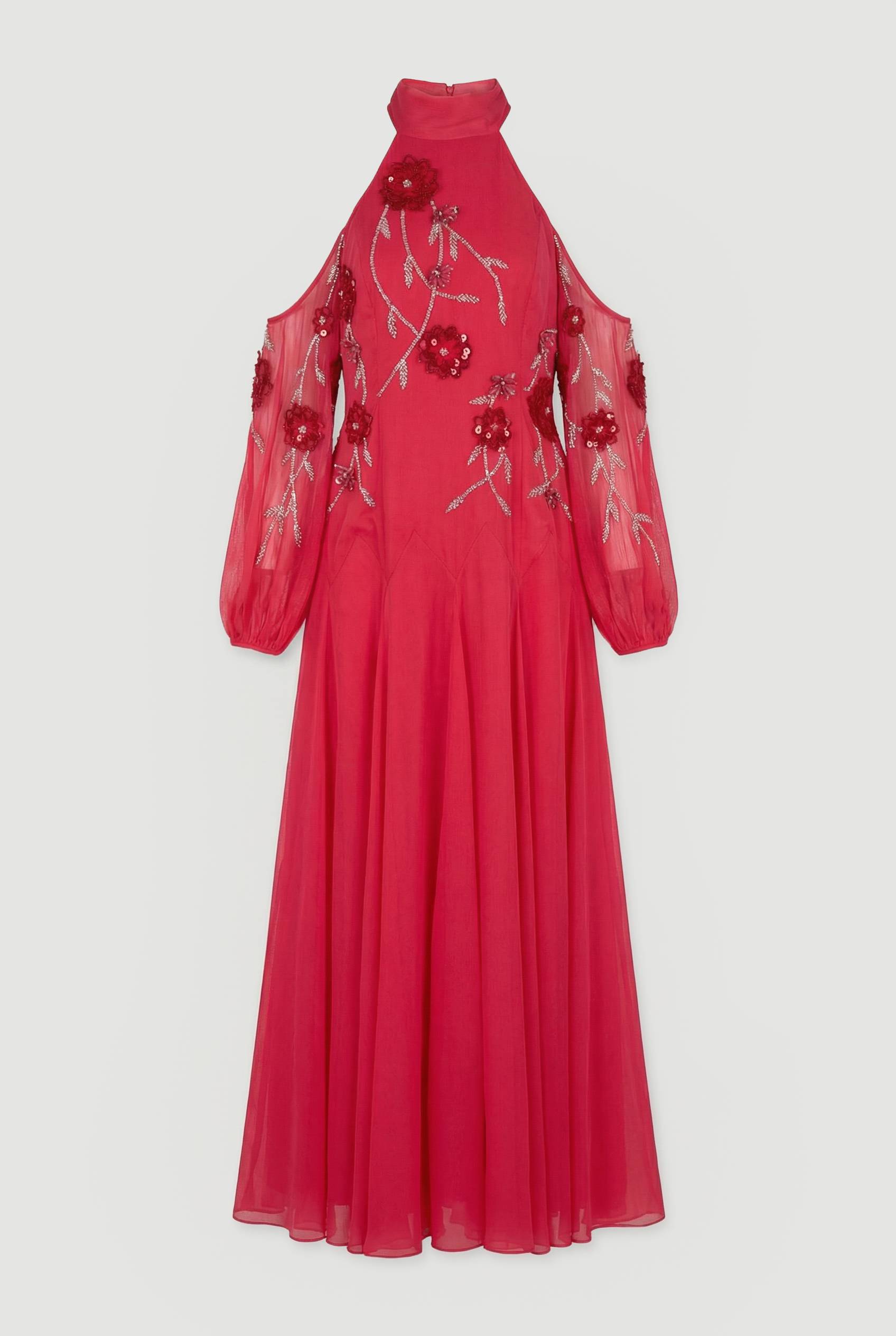 KarenMillen Cold Shoulder 3D Floral Applique Woven Maxi Dress