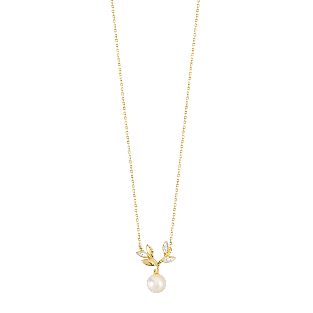Collier or 375 2 tons feuillage perle de culture de Chine et diamants 45 cm