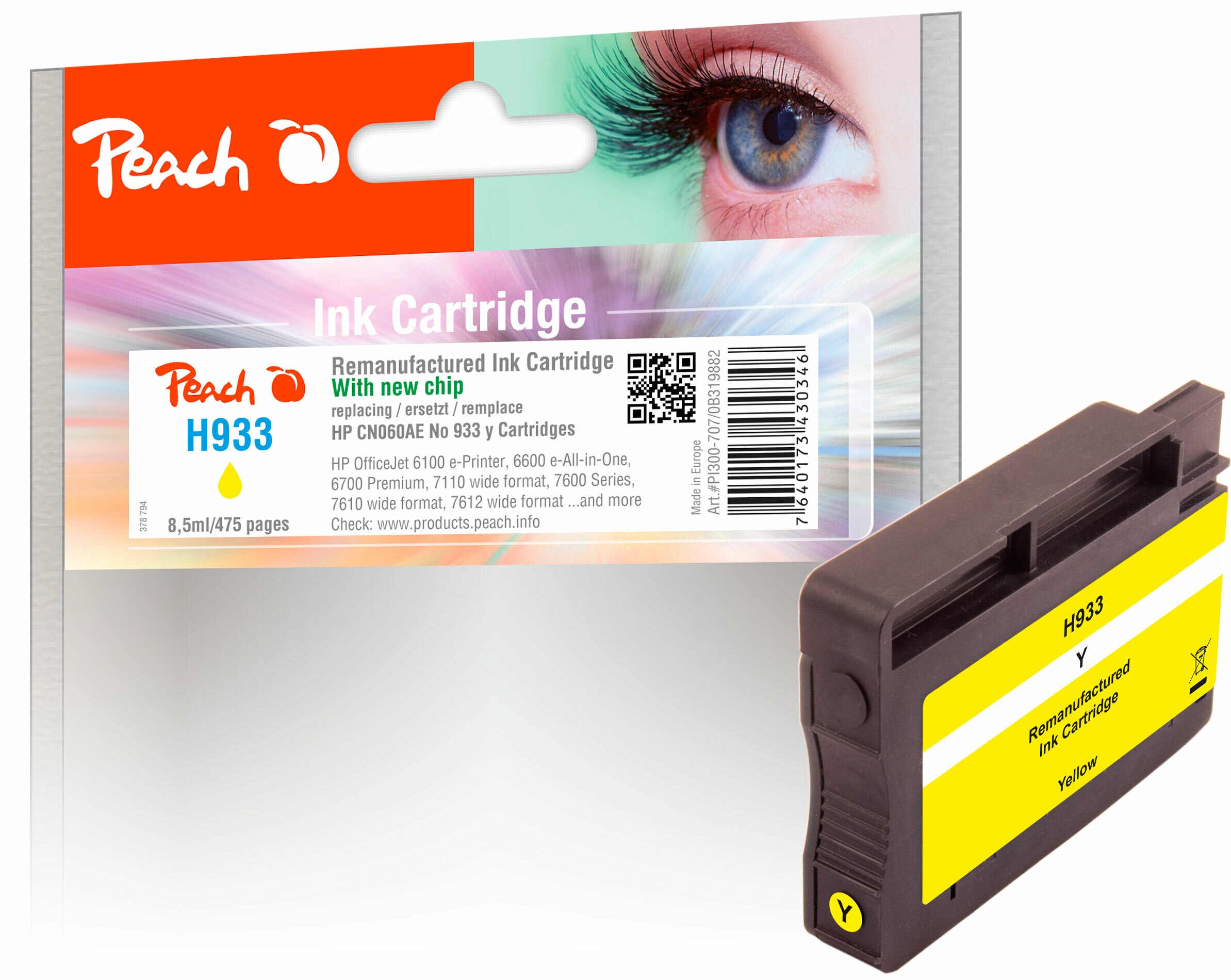 Peach HP 933 y Druckerpatrone ye ersetzt HP No. 933 y, CN060A für z.B. HP OfficeJet 6100 e-Printer, HP OfficeJet 6600 e-All-in-One, HP OfficeJet 7110 (wiederaufbereitet)