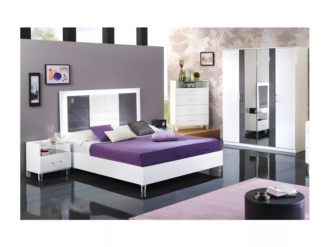 Chambre complète 160x200 Blanc/Marbre gris à LEDs - DAIMANA